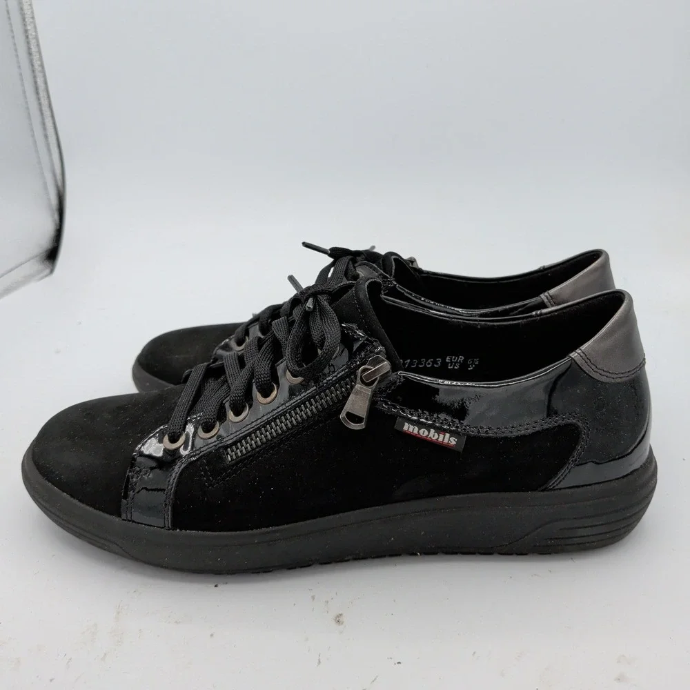 Mephisto Mobils Lenza Womens Black Suede Patent Leather Zip Sneakers 9 Comfort